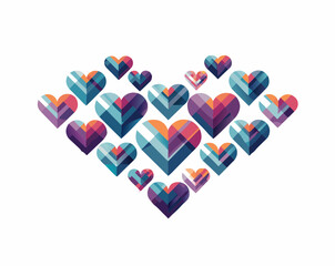 Stylized heart shapes in vibrant colors arranged in a heart formation on a white background