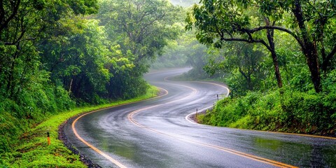 Fototapeta premium A curvy, wet road after a rainfall, glistening reflections on the asphalt, surrounded by dense foliage and mysterious fog rolling through the forest, cinematic feel