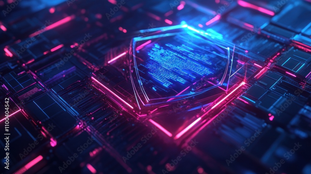 Poster cybersecurity digital concept with neon shield and data matrix elements