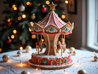 Obraz premium Whimsical gingerbread carousel surrounded by festive lights and christmas decor, photography of still life concept.