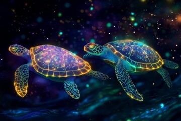 Two glowing sea turtles swim in dark water.
