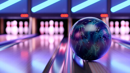 Bowling ball with magical blue surface in bowling alley with blurry neon lights at night. Photo with copy space
