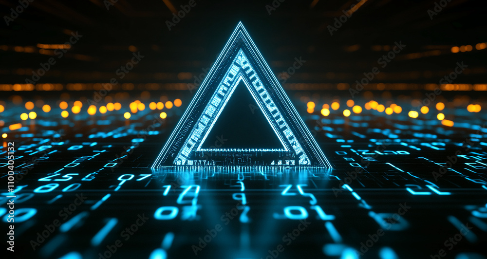Poster Abstract triangular structure illuminated in blue on a digital landscape at night