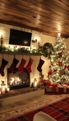 Fototapeta premium Cozy holiday living room with christmas tree, stockings by the fireplace, and twinkling lights