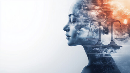 Obraz premium Woman's Profile Blended with Scales of Justice, Universal Authority, copy space