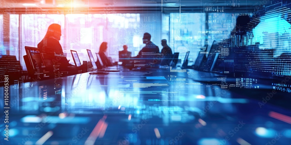 Aufkleber A corporate meeting room with people collaborating through digital screens and devices, symbolizing the impact of digital transformation on teamwork and innovation.