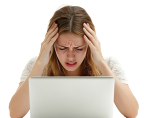 Woman holding her head in pain while working on laptop, isolated on transparent cutout background