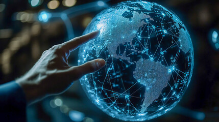 Male hand interacting with digital world map globe with network connections