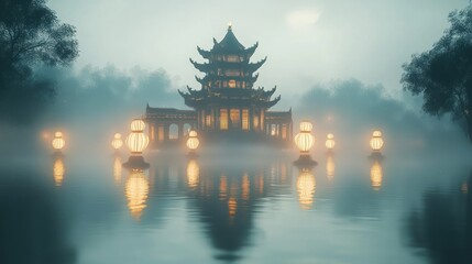 Obraz premium A serene pagoda illuminated by lanterns amidst foggy waters, creating a tranquil atmosphere.
