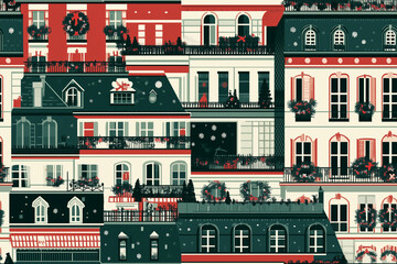 Festive repeating pattern featuring Parisian buildings adorned with holiday decorations, snowflakes, and wreaths in a charming red, white, and green winter theme