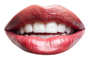 Obraz premium A close-up of luscious red lips showcasing beautifully whitened teeth, embodying confidence and allure against a sleek transparent background. PNG on a transparent background, mockup