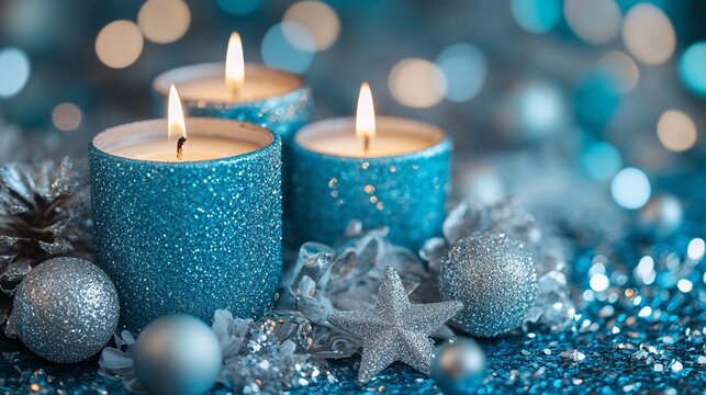 Christmas decoration with candles. Three blue candles with silver balls and star. Empty space for text.