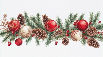 Festive border with pine branches, red ornaments, and pine cones, ideal for a christmas wish list template.