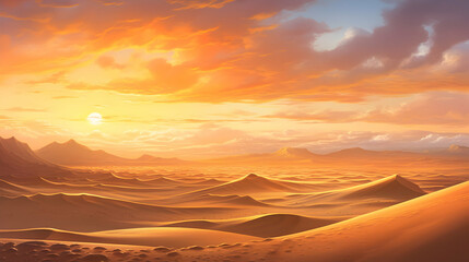 Obraz premium Golden hour casts a warm glow over rolling sand dunes and distant mountains. A breathtaking desert sunset.