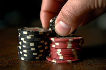 Naklejka premium Focused Shot of a Hand Pushing Poker Chips into the Pot, Highlighting Intensity and Strategy in a Casino Game
