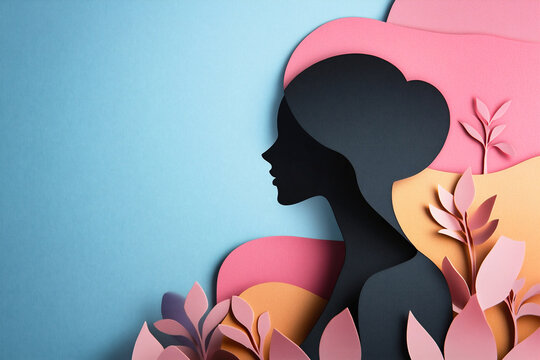 Women's day papercut illustration. Paper Silhouette of confident Woman with flowers and leaves. Girl power and feminism concept for Empowerment females rights. 