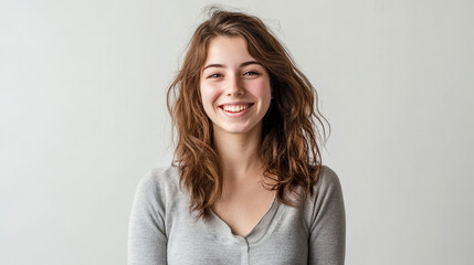 Fototapeta premium Young caucasian woman smiling against neutral background