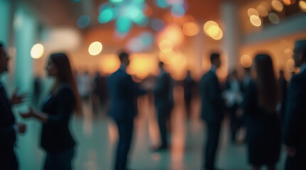 Fototapeta premium Silhouettes of business people at a meeting with a presentation and corporate party, blurred image