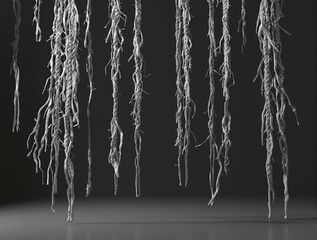 Fototapeta premium Frayed rope suspended in mid-air with loose threads trailing downwards, breaking point, snapped wire