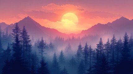 Obraz premium Majestic Sunset Over Foggy Mountain Forest