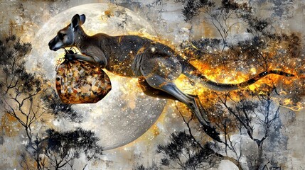 Kangaroo Santa leaps through the night sky with a glowing sack of gifts under a full moon