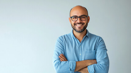 Fototapeta premium Smiling caucasian male adult in blue shirt with glasses against light background