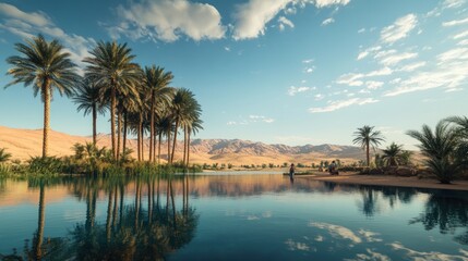 Obraz premium Serene Oasis with Palm Trees and Reflective Water under Clear Blue Sky