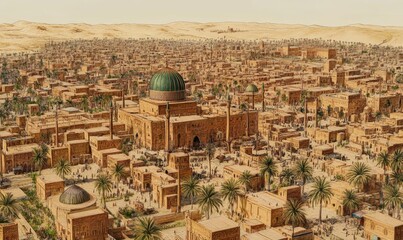 Desert city, mosque, palm trees, bustling marketplace.