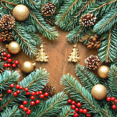 Christmas themed background featuring ornaments and pine branches for seasonal decoration