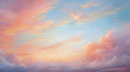 Fototapeta premium Soft pastel hues paint the sky at sunrise, a dreamy spectacle of pink, orange, and blue clouds. A breathtaking view of nature's artistry.