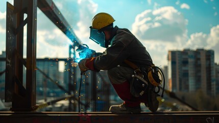 Urban Welding: Skilled Worker on Construction Site with City Skyline Backdrop
