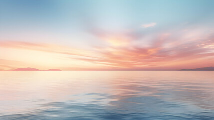 Fototapeta premium Serene sunset over calm ocean waters. Pastel colors paint the sky, creating a tranquil and peaceful atmosphere.