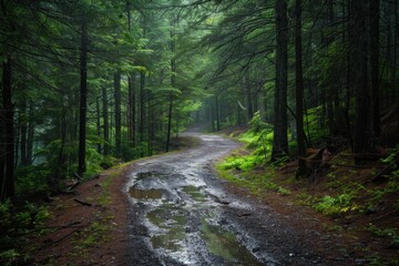 Obraz premium Winding Forest Path in Torrential Rain with Streaming Water and Serene Atmosphere