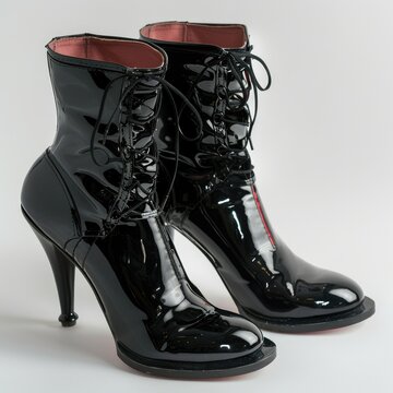 Extremely high heeled black fetish shoes with corset lacing  isolated on white background