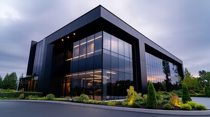 Fototapeta premium Modern black building with large glass windows surrounded by greenery during twilight.