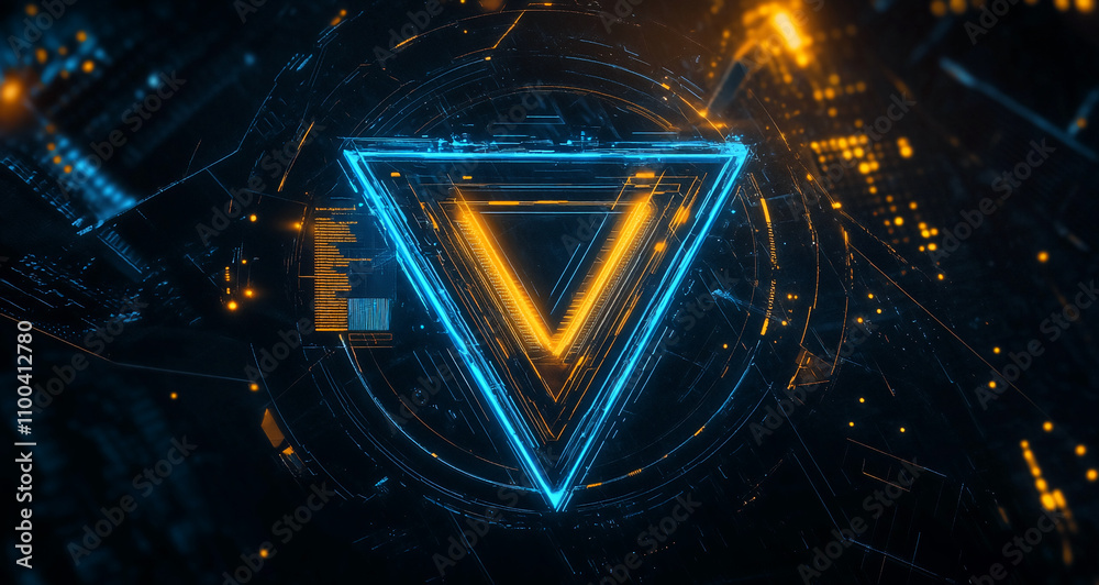 Aufkleber Dynamic geometric light pattern creating a futuristic logo with vibrant colors and intricate designs in a dark environment