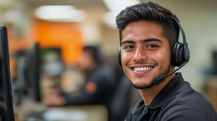 Latino Hispanic Man IT Support - man, office, headset, computer, smile, work, professional, customer service, call center, business, workplace, employee, technology