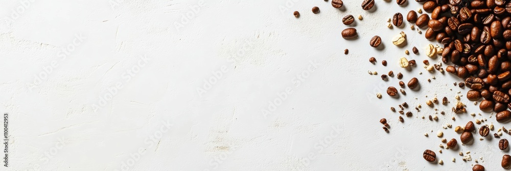 Poster Different coffee beans are spread out on a clean white background, leaving ample area on the right for additional text or design elements. Generative AI