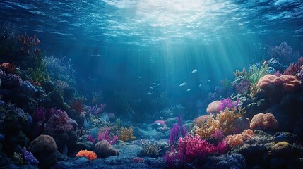 Fototapeta premium A vibrant underwater scene showcasing colorful coral reefs and shimmering sunlight filtering through water.