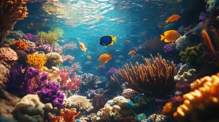 Obraz premium A vibrant underwater scene showcasing colorful coral and tropical fish in a reef habitat.