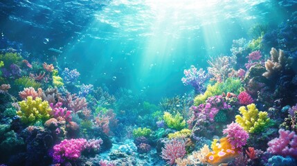 Fototapeta premium A vibrant underwater scene featuring a variety of colorful corals illuminated by sunlight.