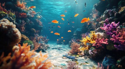 Obraz premium A vibrant underwater scene featuring colorful coral reefs and schools of orange fish swimming gracefully.
