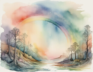 Fantasy forest landscape with rainbow