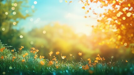 Obraz premium Vibrant meadow with blooming orange flowers on a sunny day amidst a blurred background of greenery.