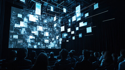 Fototapeta premium Audience Watching Floating Diagrams and Data Charts, Suspended in Mid-Air Over Their Heads 
