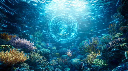 Futuristic marine exploration: digital interface in vibrant coral reef