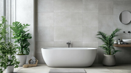 Fototapeta premium Minimalist Bathroom with Freestanding Tub, modern serenity.
