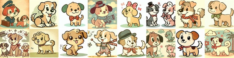 Fototapeta premium Cartoon vintage style funny dogs. AI generated illustration