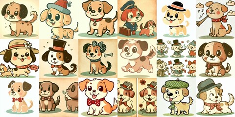 Fototapeta premium Cartoon vintage style funny dogs. AI generated illustration