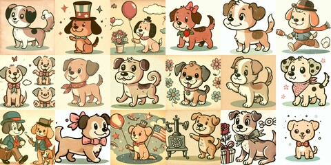 Obraz premium Cartoon vintage style funny dogs. AI generated illustration